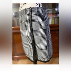 New Ralph Lauren Black Label Wool Leather Trim Black White Check Lined Skirt 8